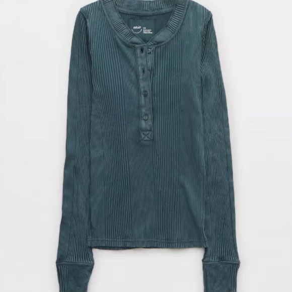 aerie Tops - Aerie Road Trip Long Sleeve Henley T-Shirt (Deep Teal) - Size Large